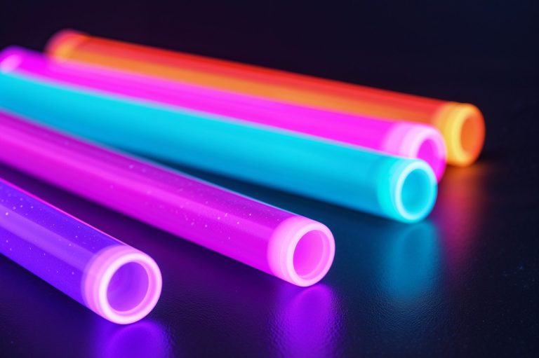 Partyzubehöt accessoires kaufen Leuchtende Neonröhren in Blau, Pink und Orange auf einem dunklen Hintergrund.